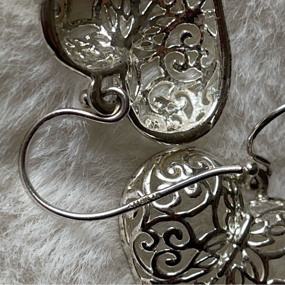 ATI BR TH | Silver Plated Heart Hollow Filigree Style Drop Wire Ear Hoops - Picture 8 of 10